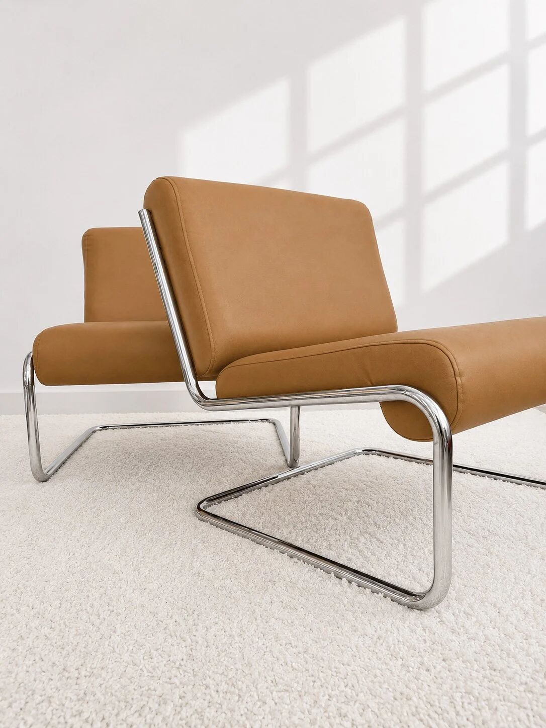 Vintage cantilever armchair. Brown faux leather upholstery. 60s