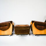 Pair of G-plan saddle back teak armchairs & footstool