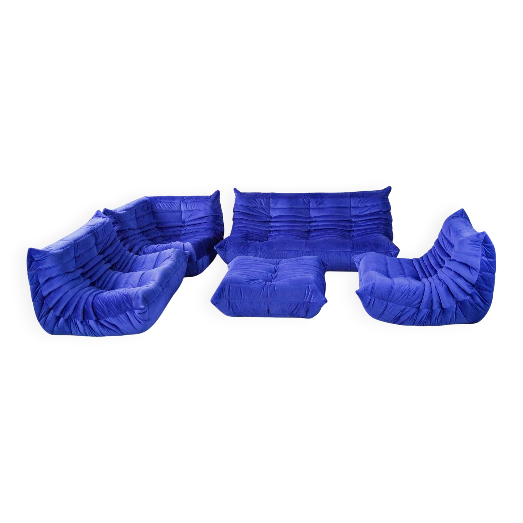 Togo living room set in blue velvet by Michel Ducaroy for Ligne Roset, 1979, set of 5