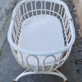 Bed crib bamboo rattan with wheels, white, with handle, vintage, 60s