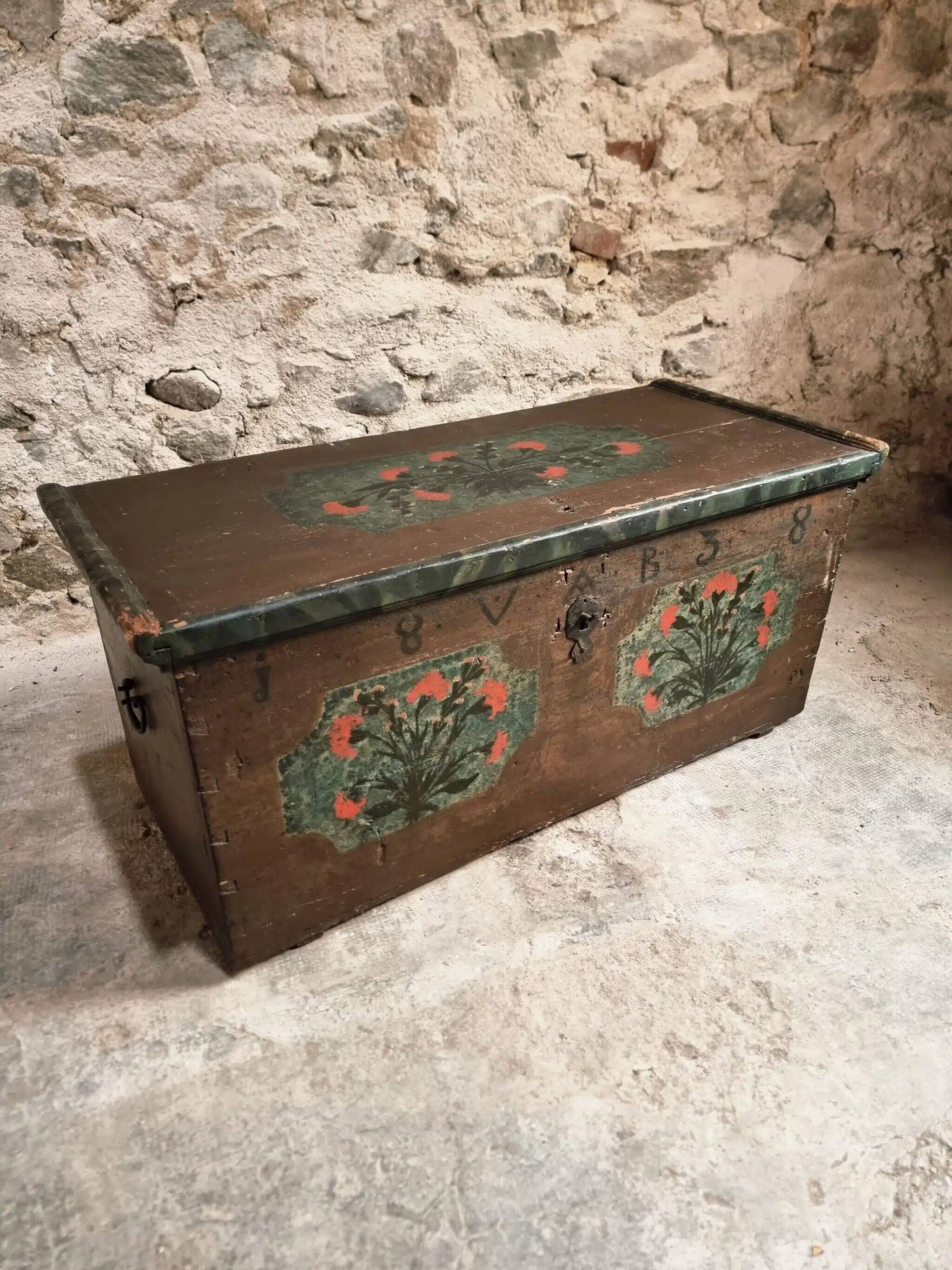Antique French pine chest – 1838, painted folk art