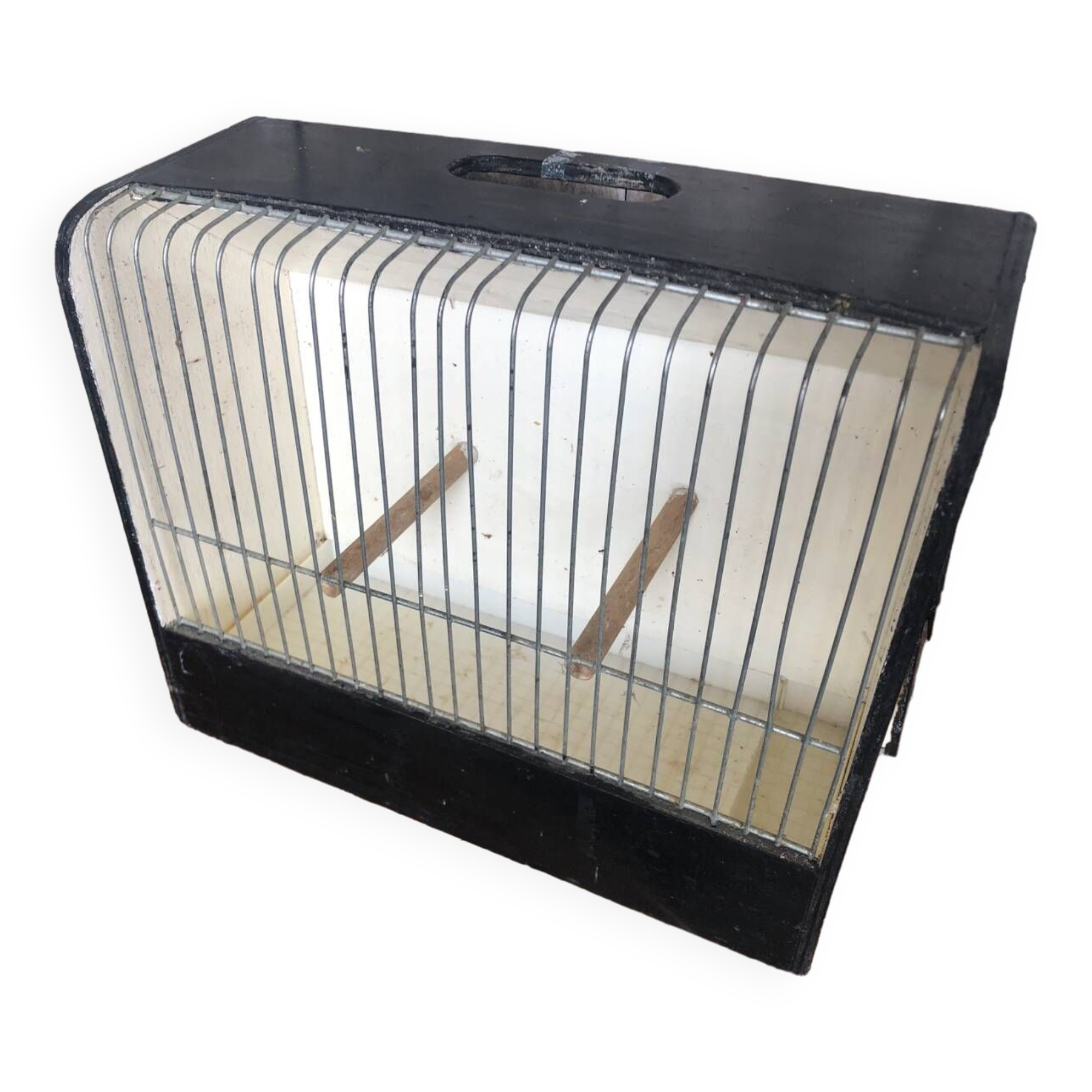 Old small bird cage caoa wood + metal + plastic tray vintage