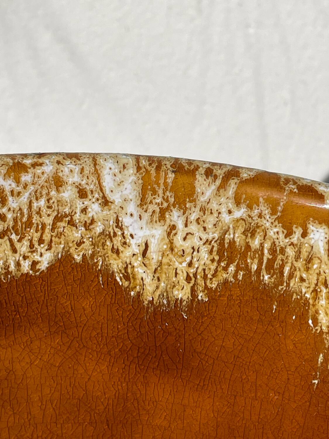 Ceramic salad bowl with beige drip glaze, 1970s pottery