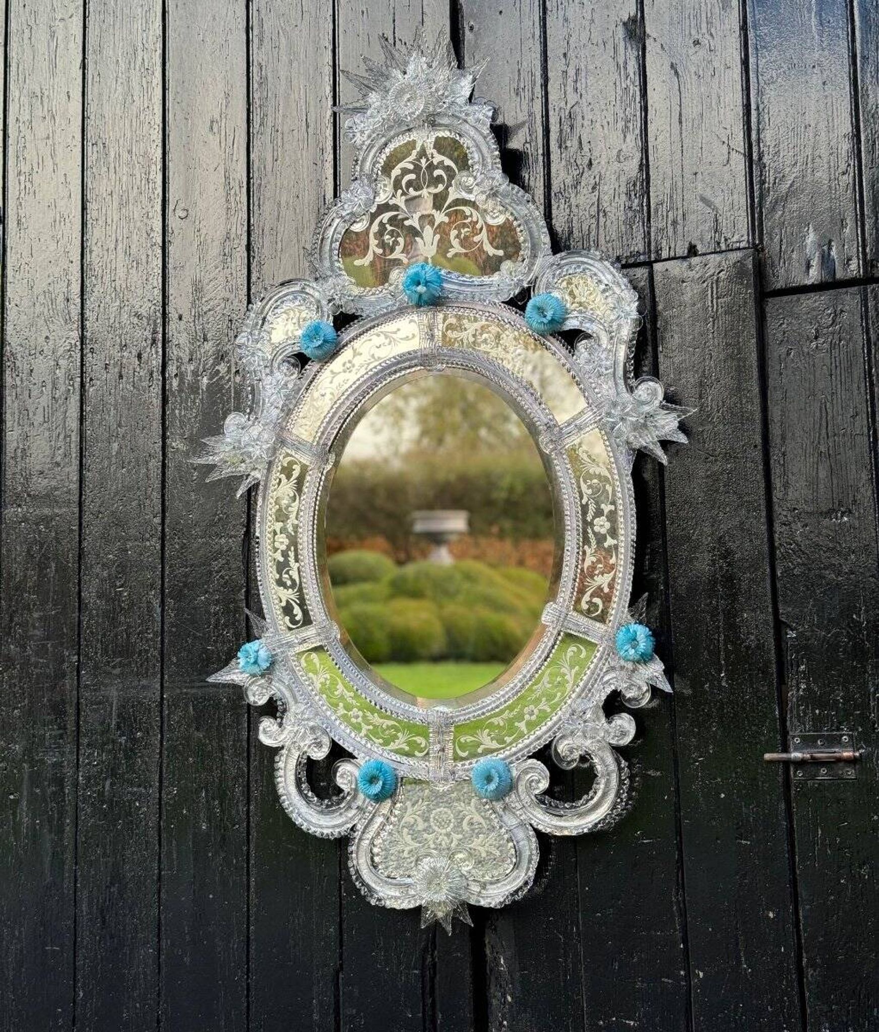 Miroir Vénitien En Verre De Murano Incolore Et Bleu