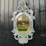 Miroir Vénitien En Verre De Murano Incolore Et Bleu
