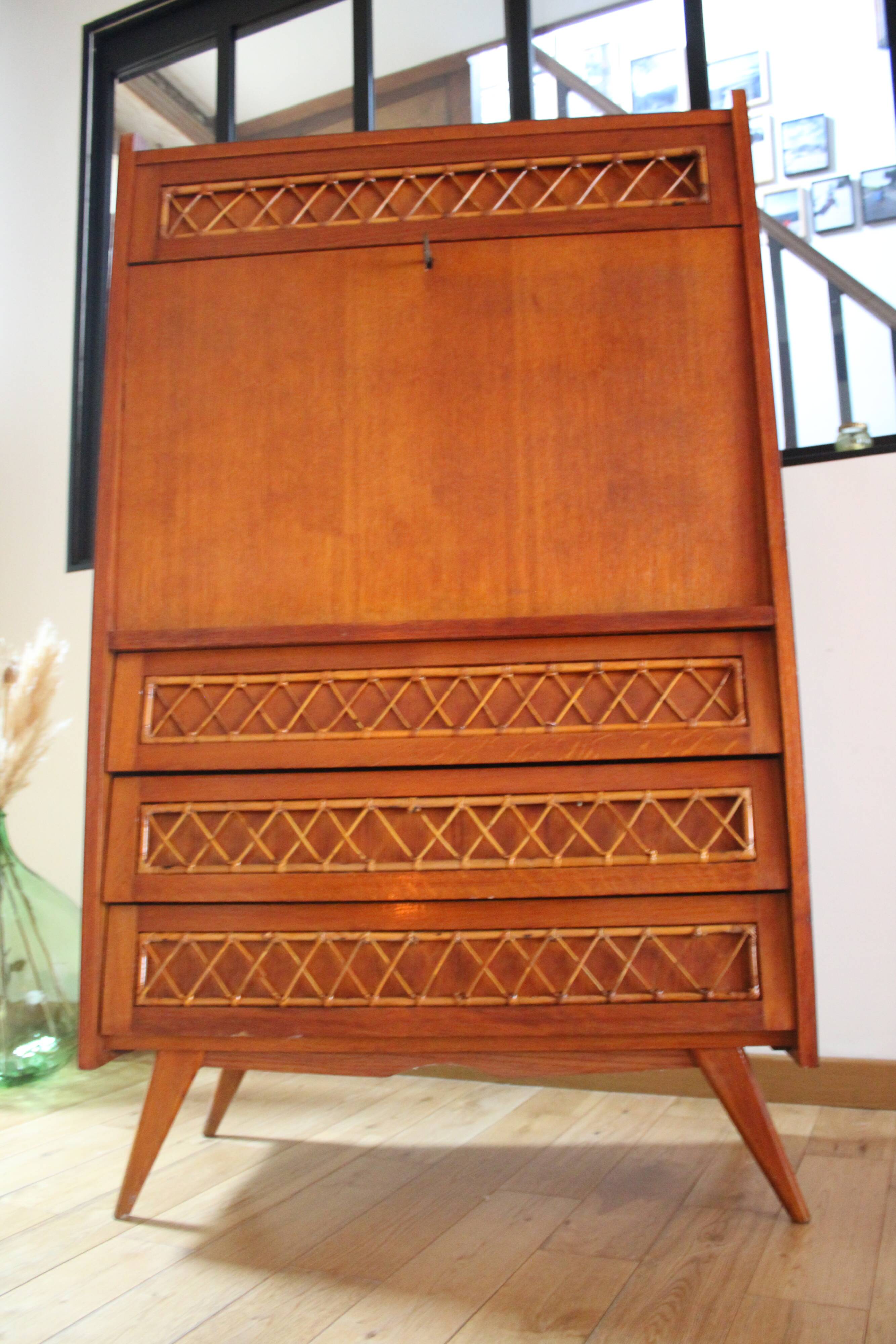 Wood and rattan secretary