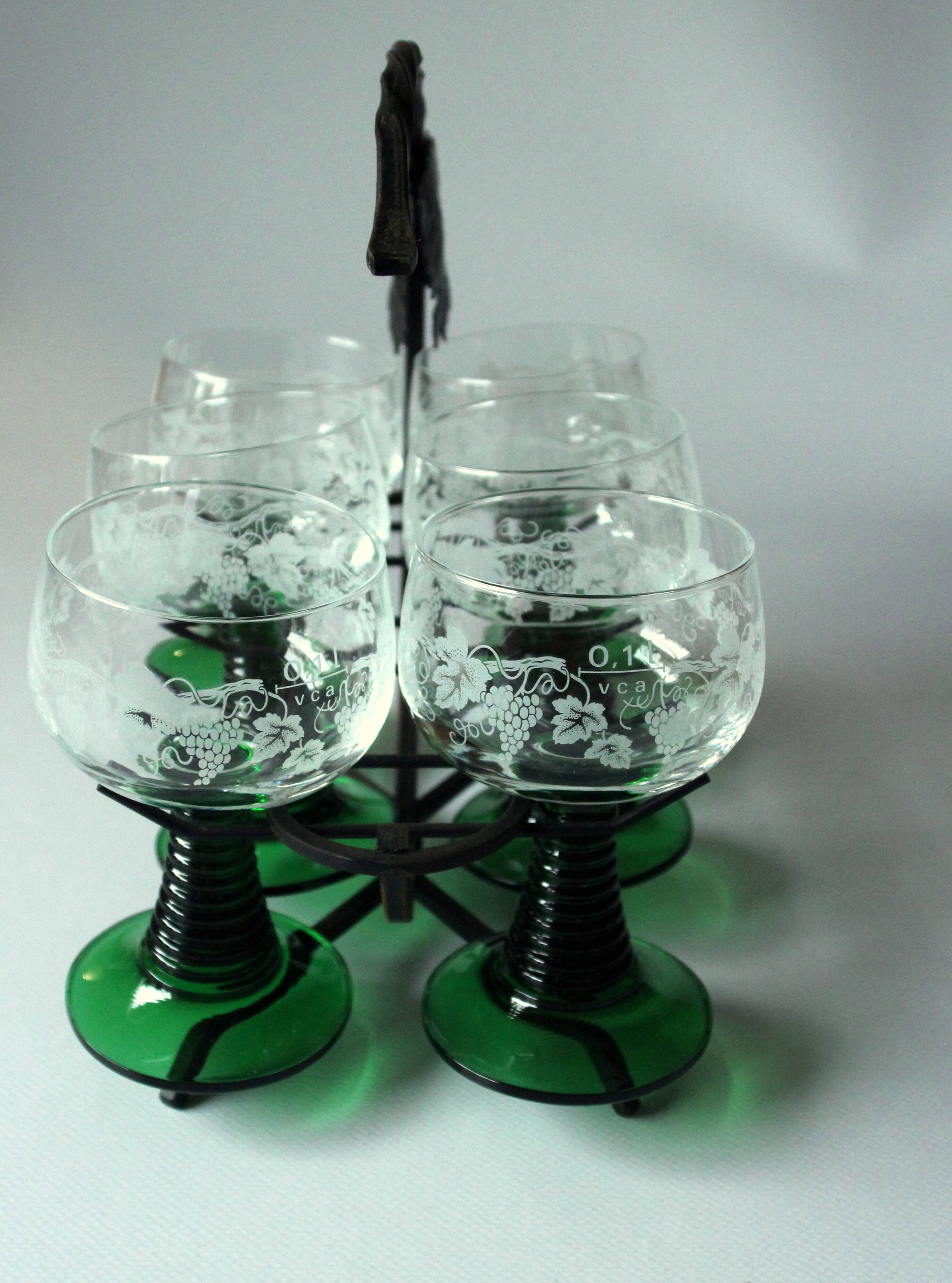 6 Roemer wine glasses with engraving on a handmade wrought iron stand, vintage