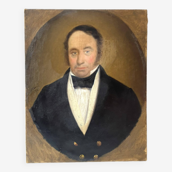 Portrait d’un homme à l’huile sur toile XIXème, peinture ancienne 1843 signée