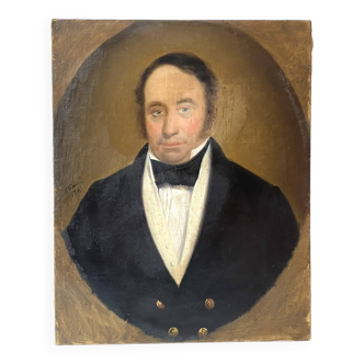 Portrait d’un homme à l’huile sur toile XIXème, peinture ancienne 1843 signée