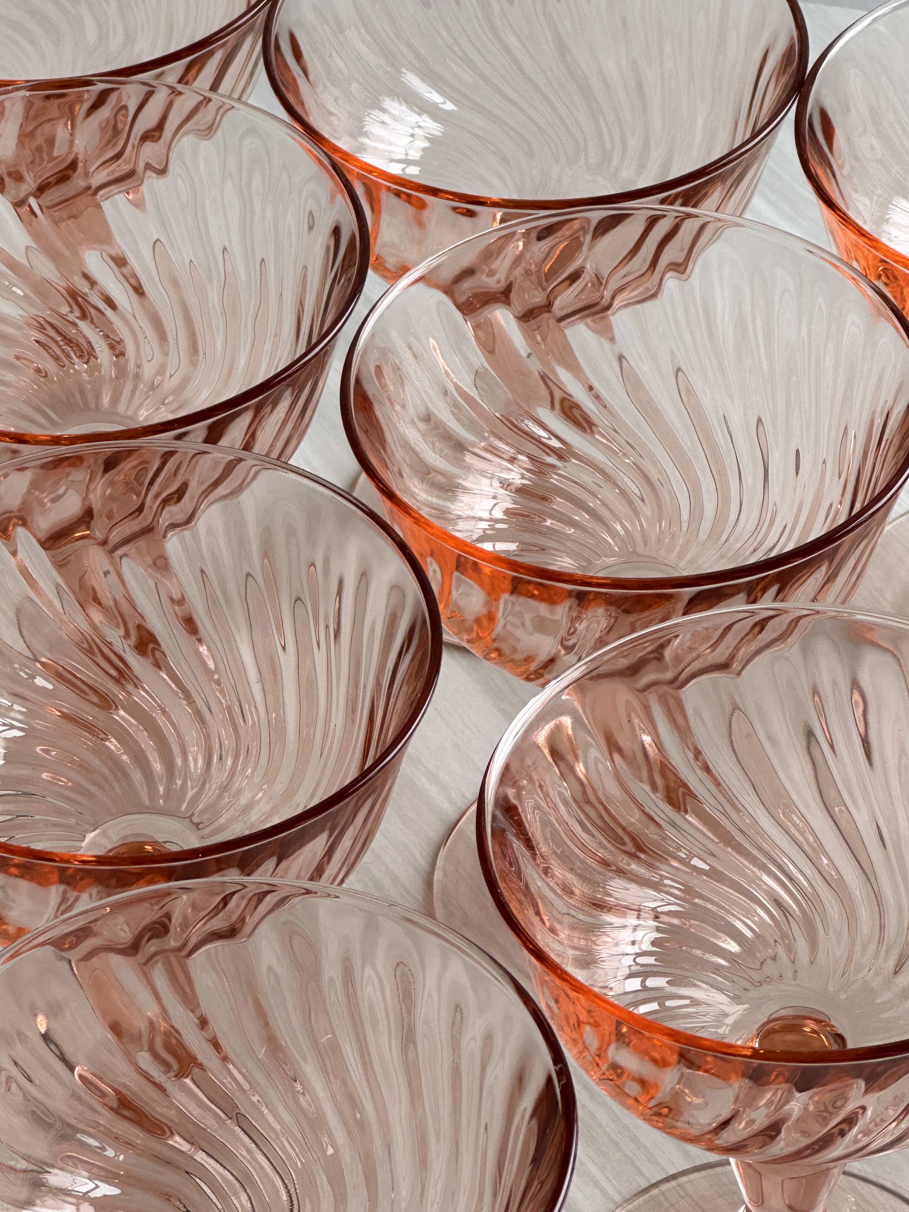 10 Vintage Twisted Pink Glass Champagne Coupes