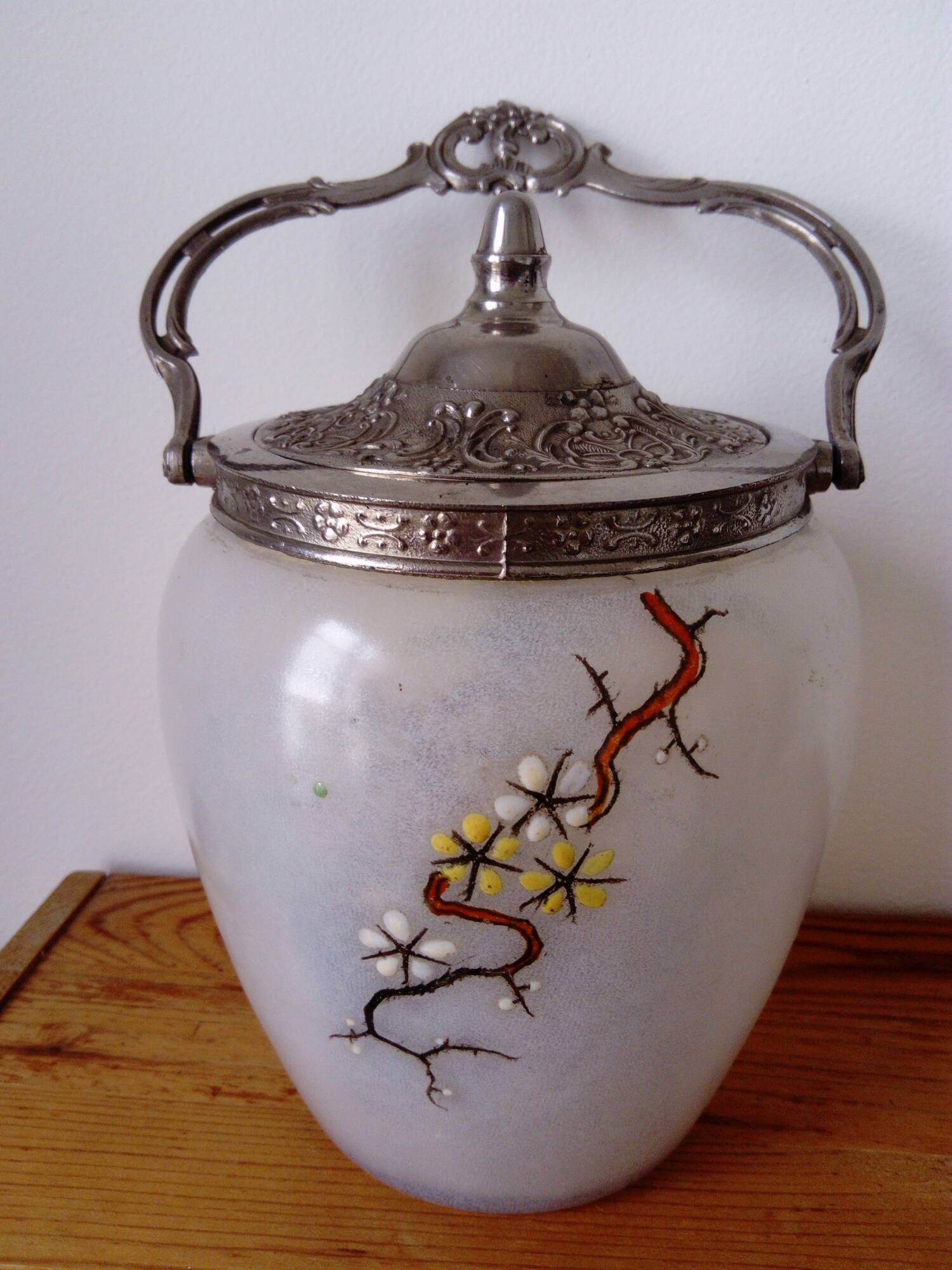frosted glass cookie bucket with Japanese decoration. Art Nouveau