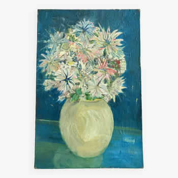 tableau / huile sur toile nature morte bouquet coloré années 50