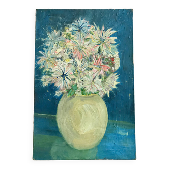tableau / huile sur toile nature morte bouquet coloré années 50