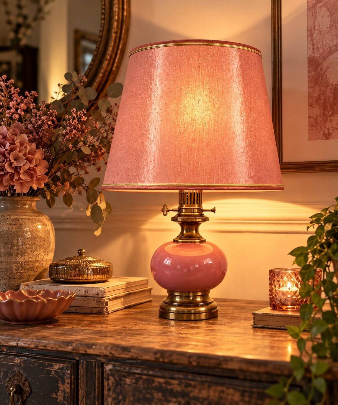 Neo-Victorian table lamp with pink opaline glass and brass – Vintage 1970s