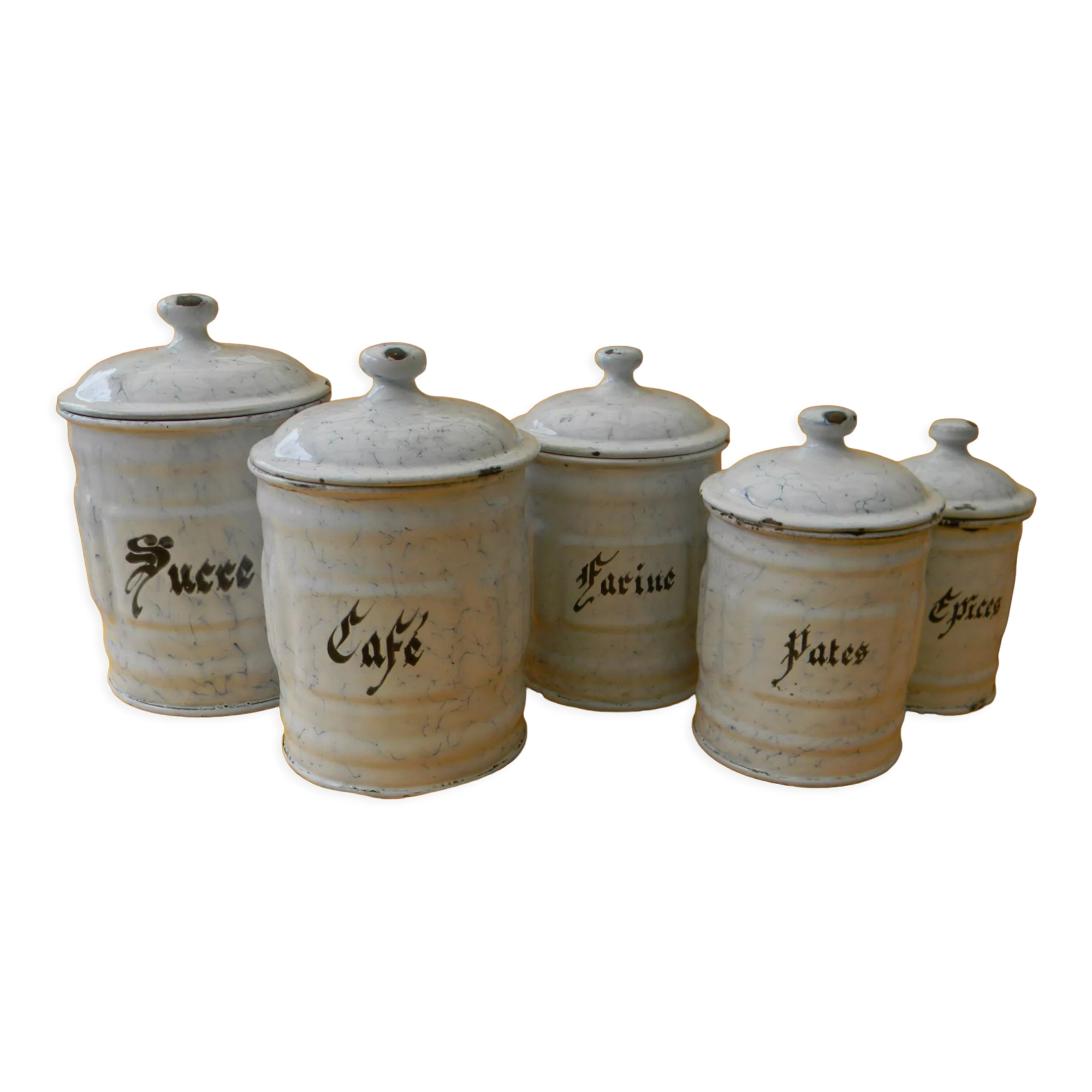 Set of 5 enamelled iron spice jars