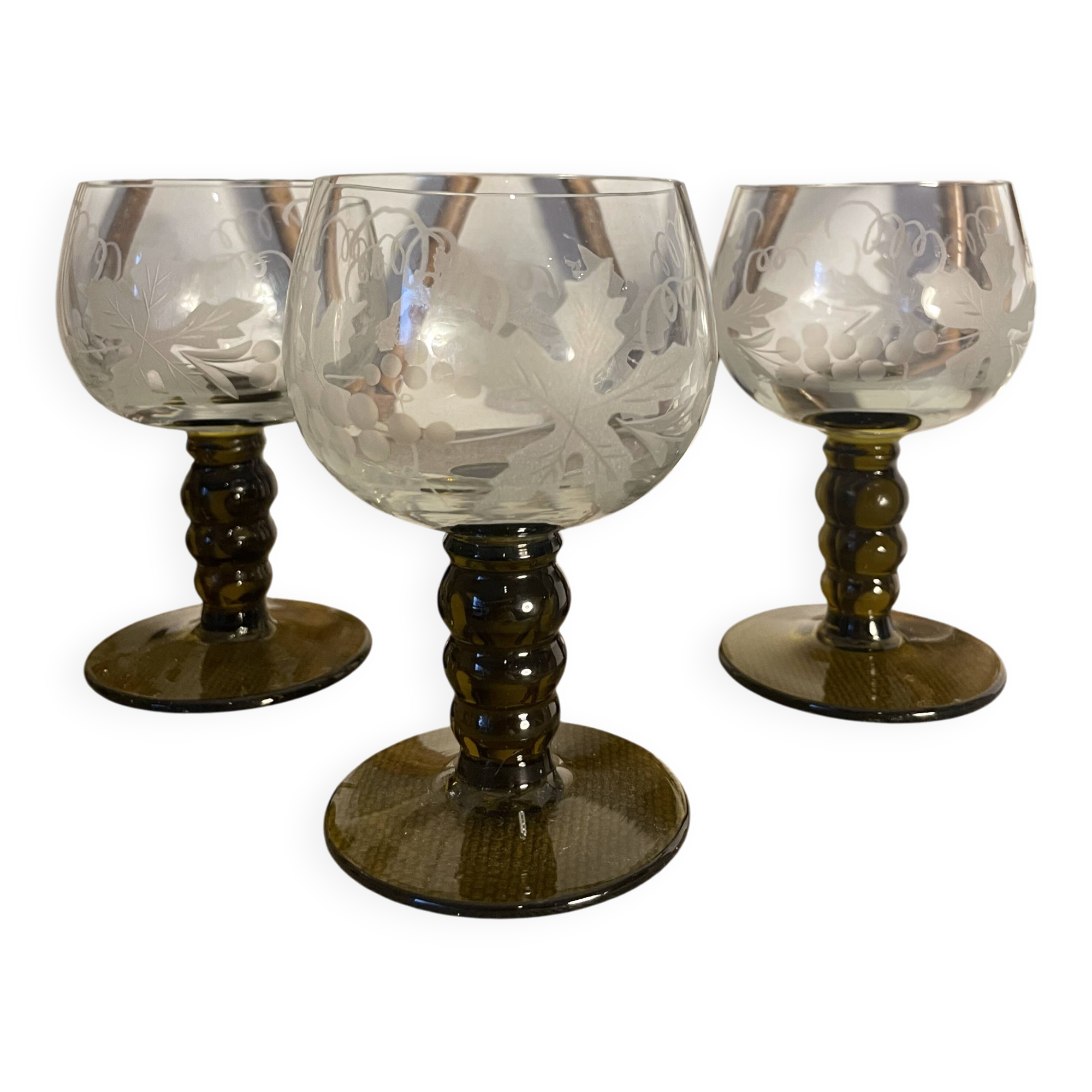 3 two-tone stemmed glasses with olive green stems