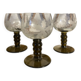 3 two-tone stemmed glasses with olive green stems