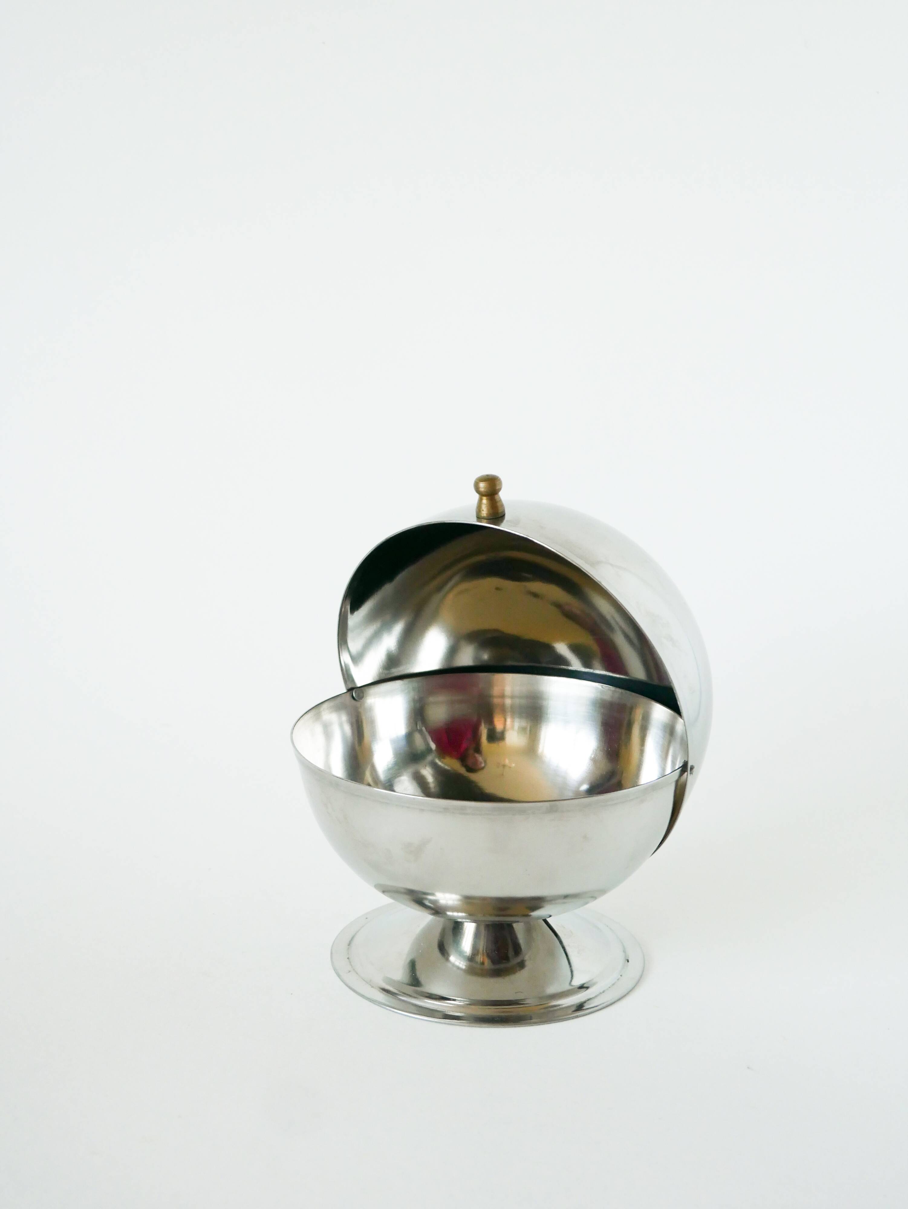 stainless steel sugar bowl, gold knob, 1970