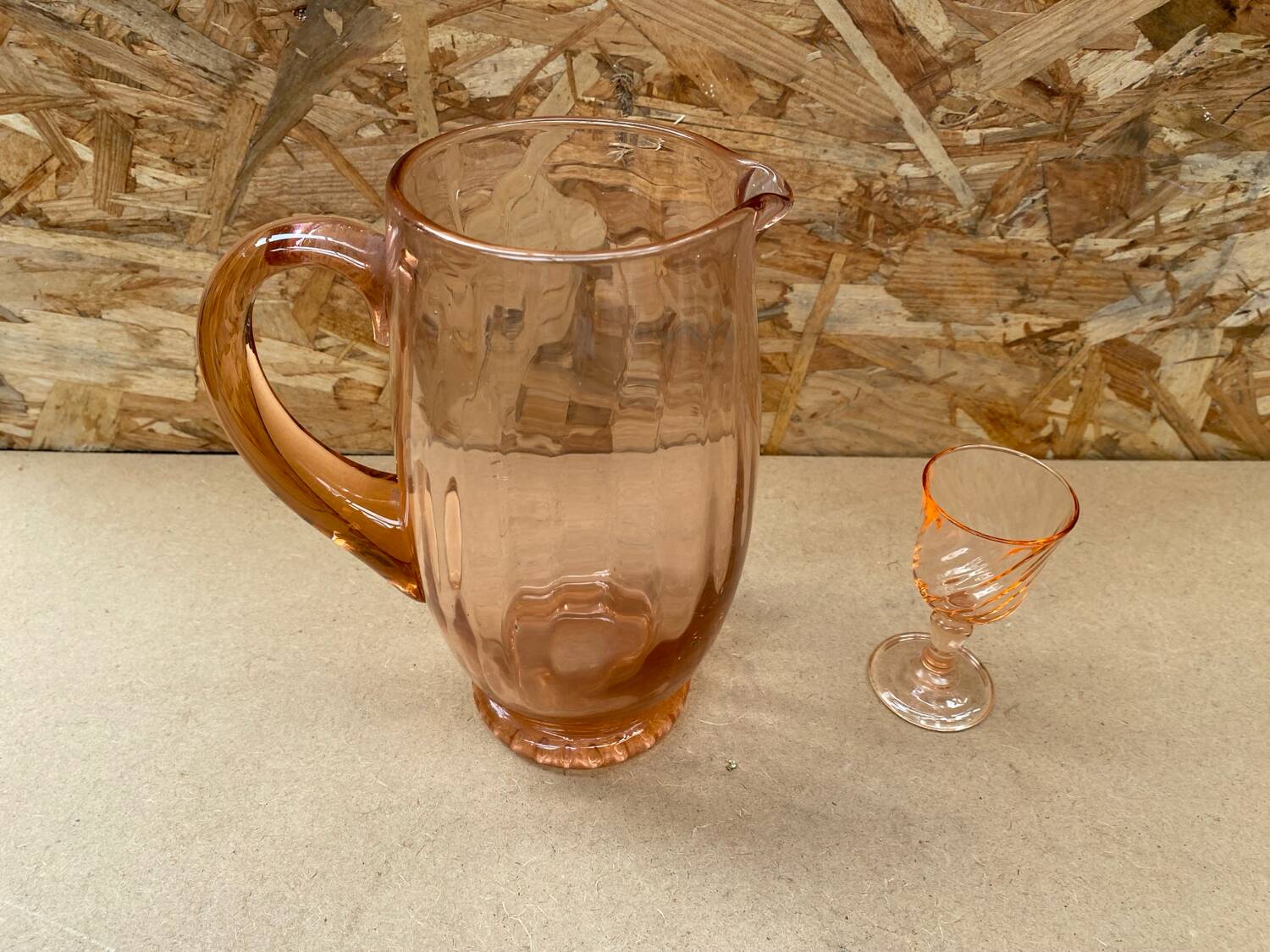 Antique Pink Blown Glass Pitcher Set + 6 Vintage Liqueur Glasses