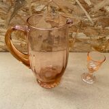 Antique Pink Blown Glass Pitcher Set + 6 Vintage Liqueur Glasses