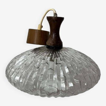 Lustre en verre vintage / lampe suspendue avec accent en bois