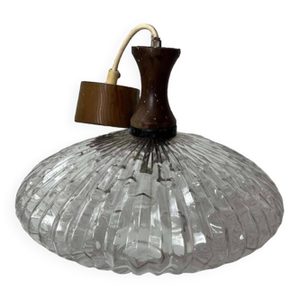 Lustre en verre vintage / lampe suspendue avec accent en bois