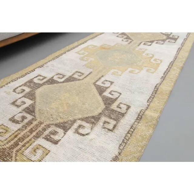 1970s Turkish Hand-Knotted Wool Cotton White Runner Rug 92x322