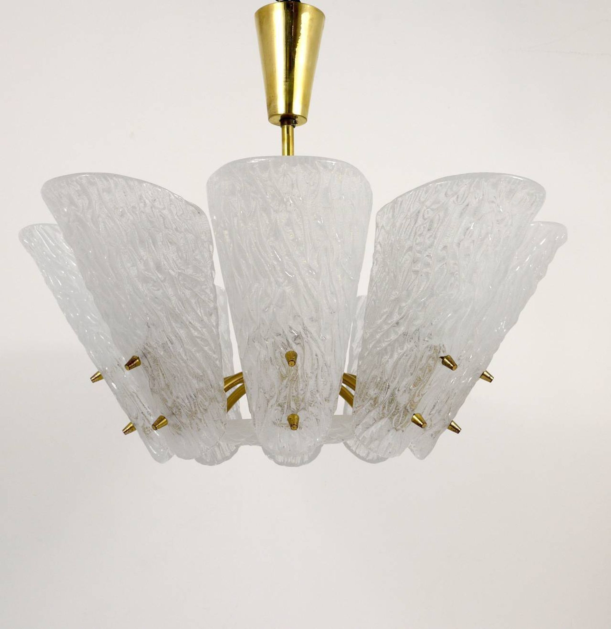 J. T. Kalmar Mid-Century Brass Suspension, Textured White Glass, 1950s