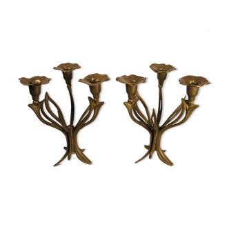 Pair of brass flower candlesticks