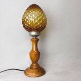 Rustic wooden table lamp with amber pine cone glass lampshade