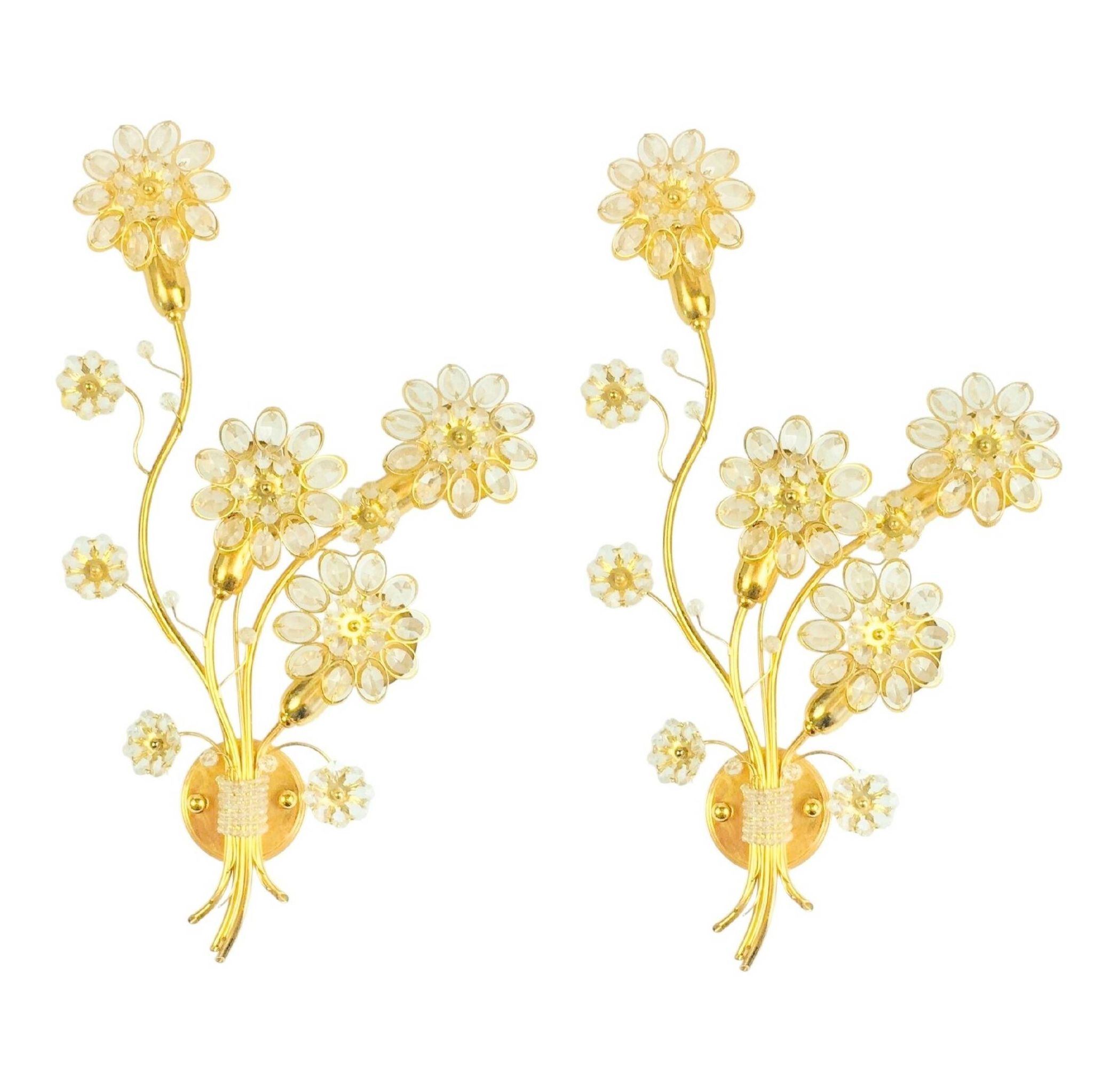 Large Gilt Brass & Crystal Flower Shape Wall Light from Palwa, 1970s