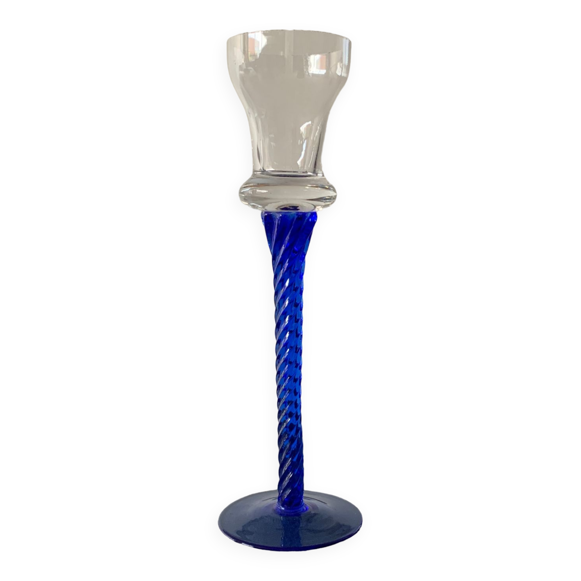 Blue glass candle holder with twisted stem. Candlestick candle