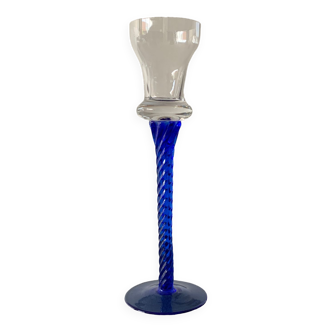 Blue glass candle holder with twisted stem. Candlestick candle