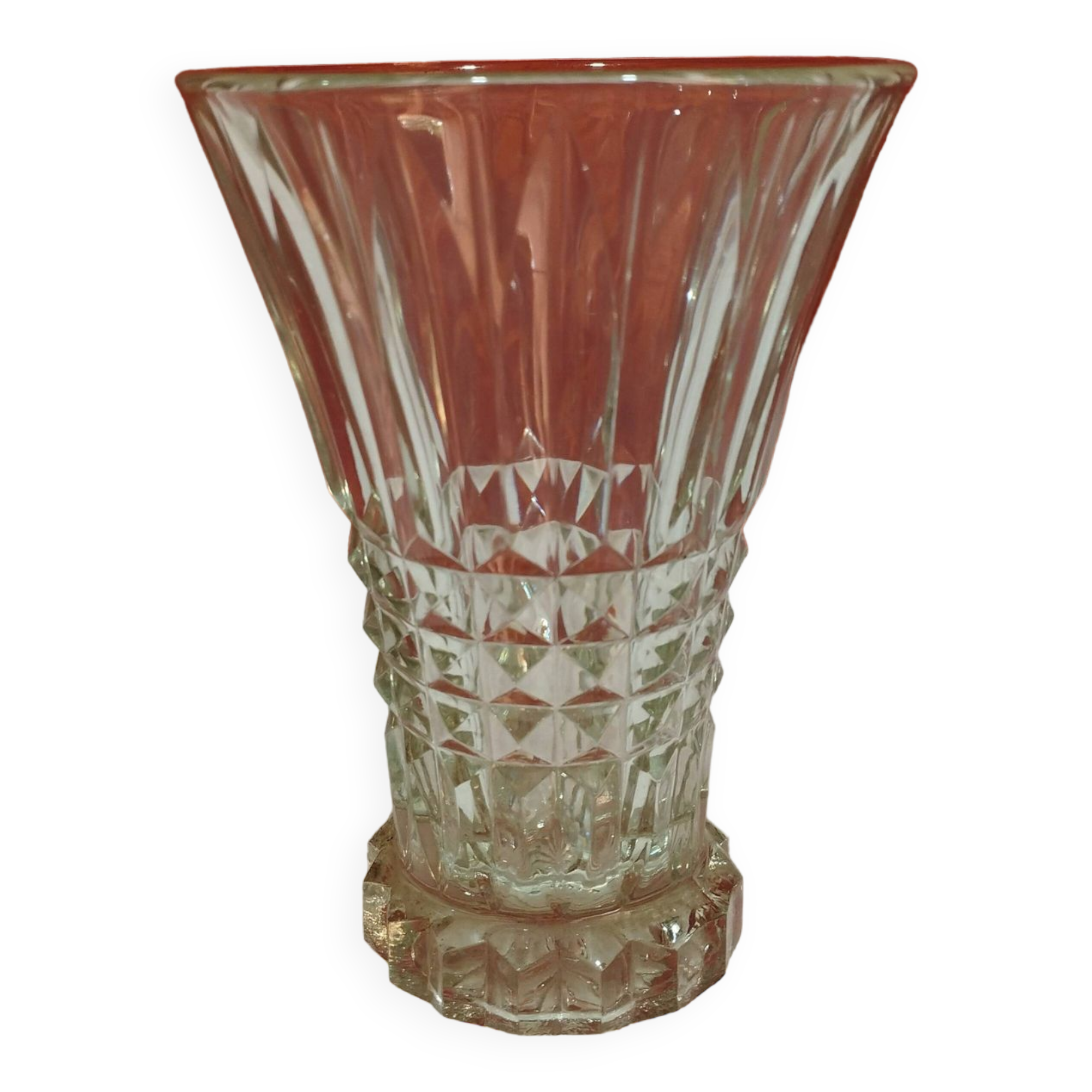 Old art deco flared glass vase - diamond point decor - height 15cm