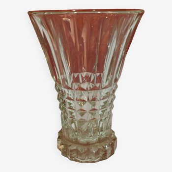 Ancien vase en verre évasé art déco - décor pointe de diamant-  hauteur 15cm