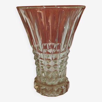 Old art deco flared glass vase - diamond point decor - height 15cm