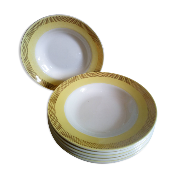 Six assiettes vintages au décor jaune et or