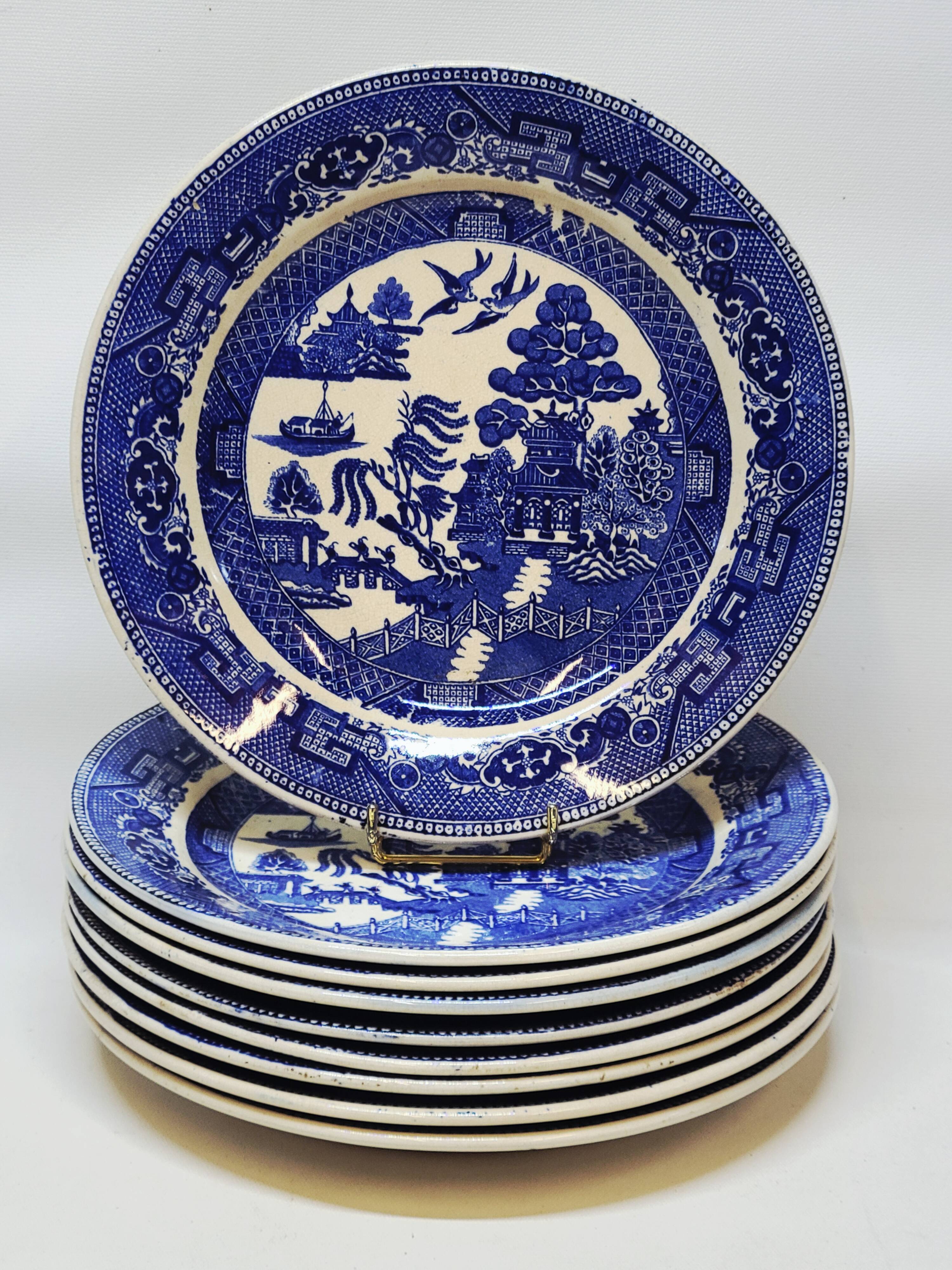 9 Antique Plates 19th Century Blue Willow Pattern Chinese Blue Decor