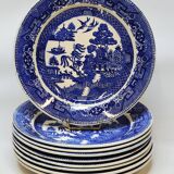 9 Antique Plates 19th Century Blue Willow Pattern Chinese Blue Decor