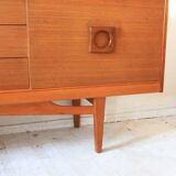 Mid-century teak enfilade, low Scandinavian sideboard from the 1960s with drawers and sliding doors.