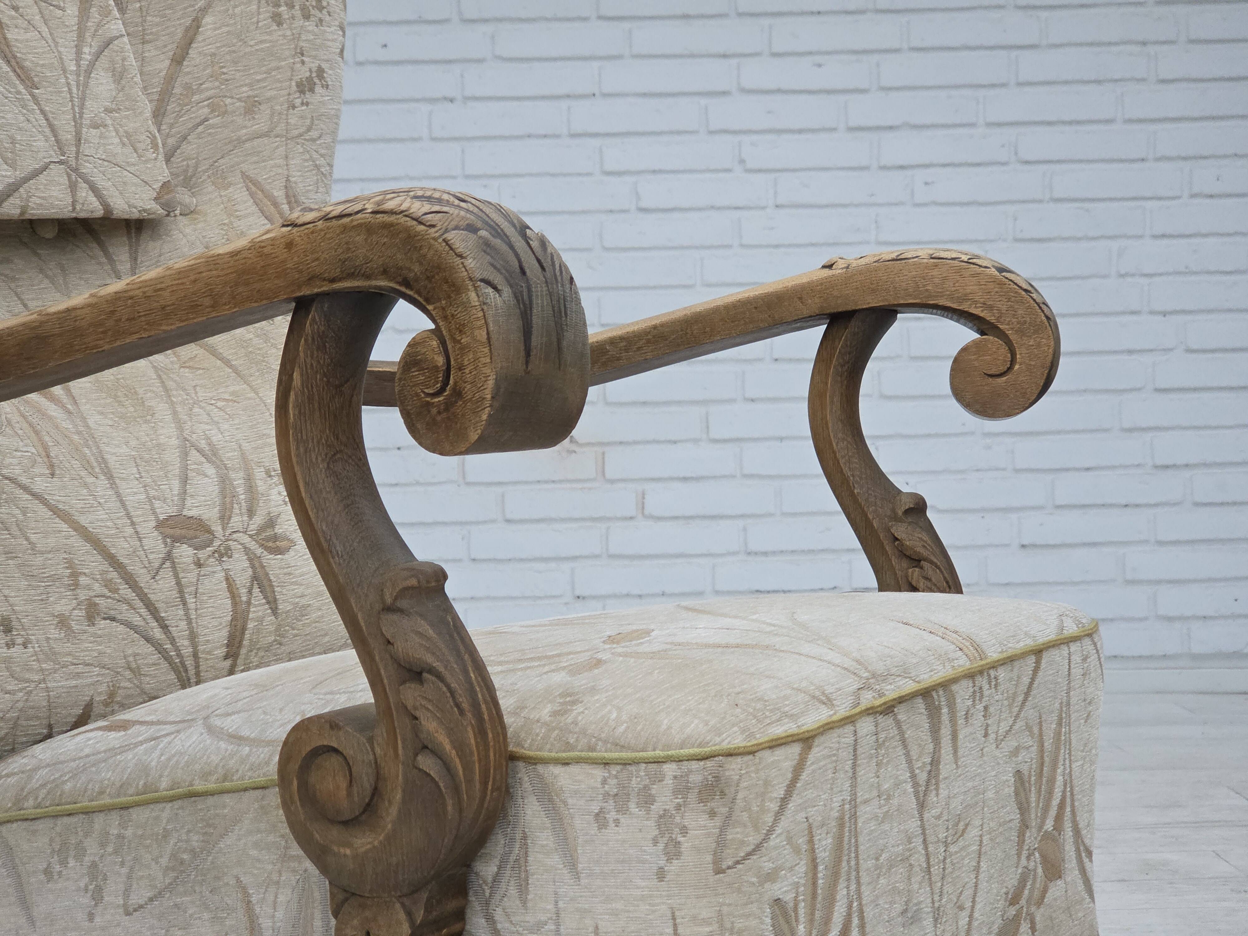 1960s, Danish armchair, beige/brown furniture fabric, carved oak wood.