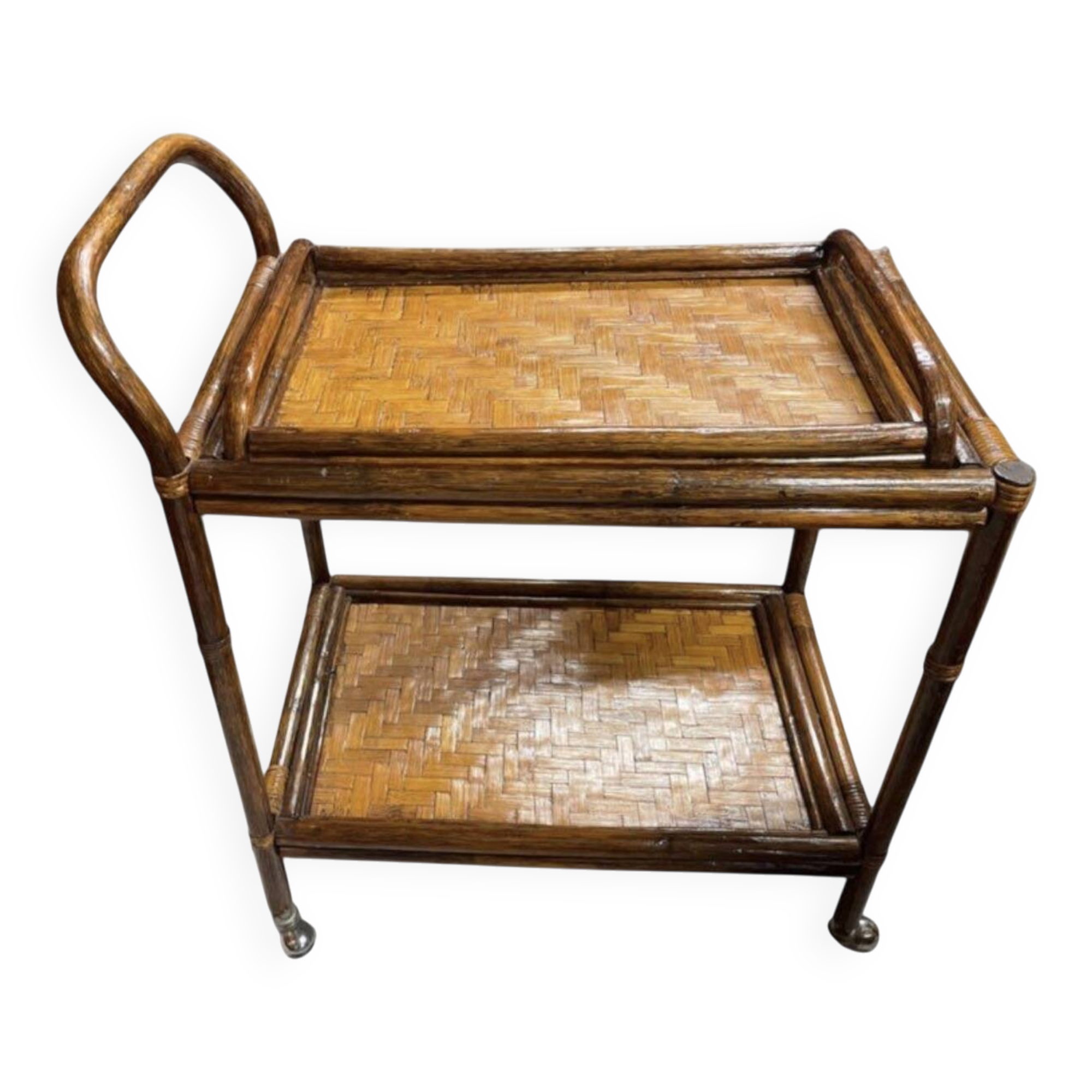 Vintage rolling dessert trolley in rattan and bamboo with removable tray from the 70s.