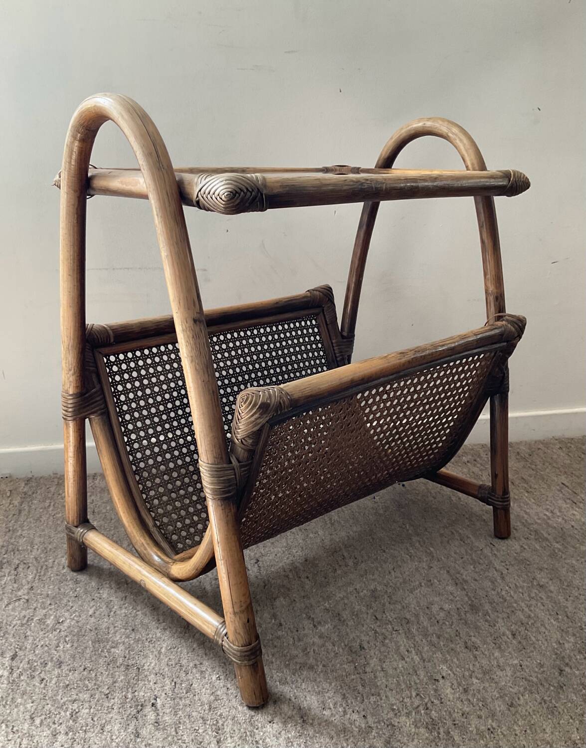 Vintage rattan side table with magazine holder