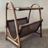 Vintage rattan side table with magazine holder
