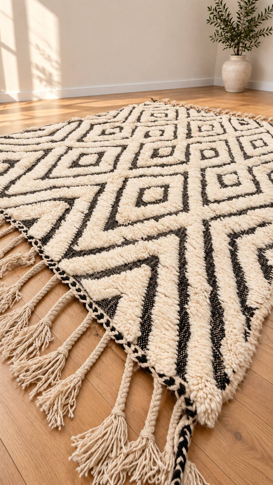 Tapis berbère en laine écrue à motifs noirs