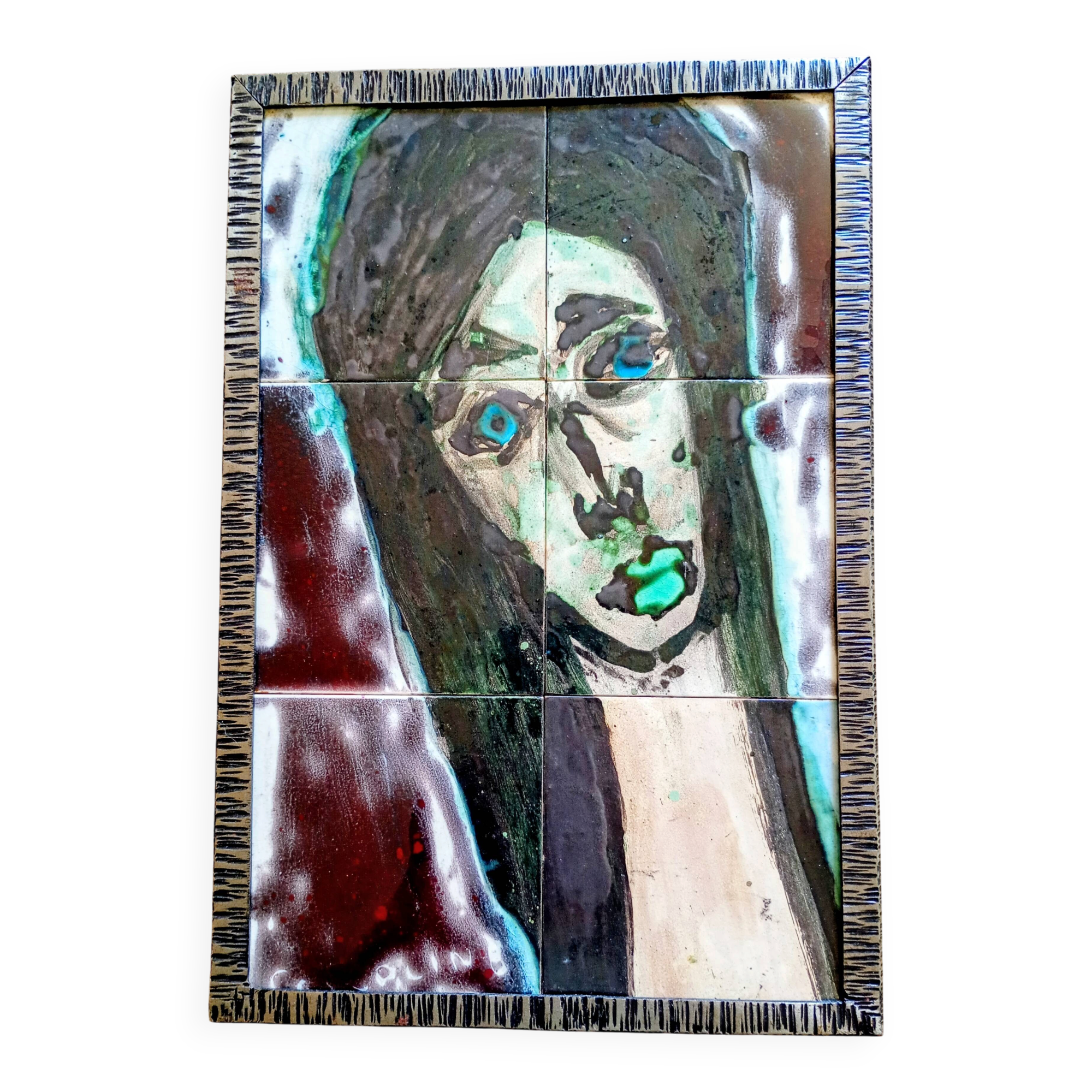 1960s: 6 Glazed ceramic tiles mounted in a frame - female figure