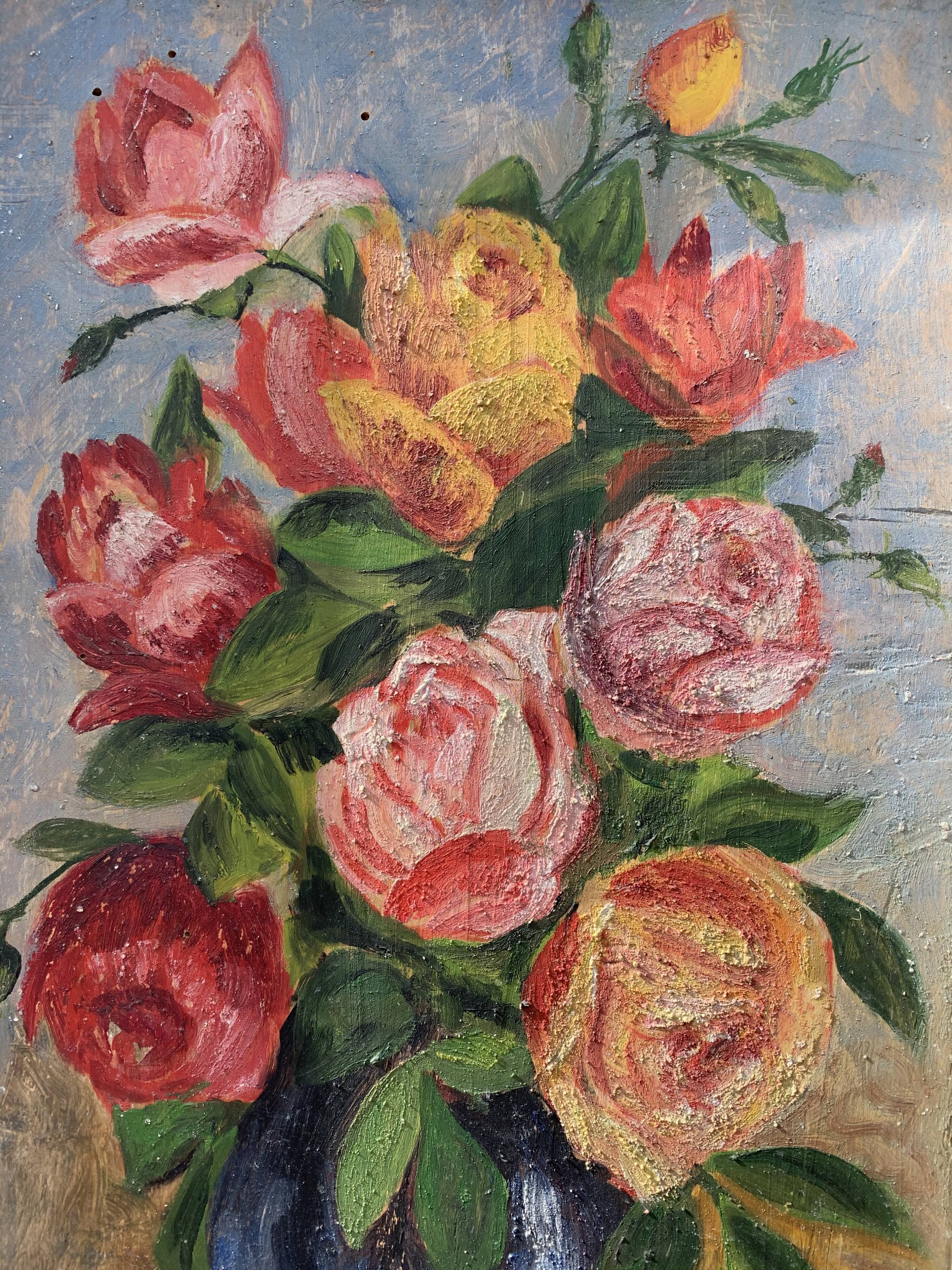 Bouquet of flowers oil on wood