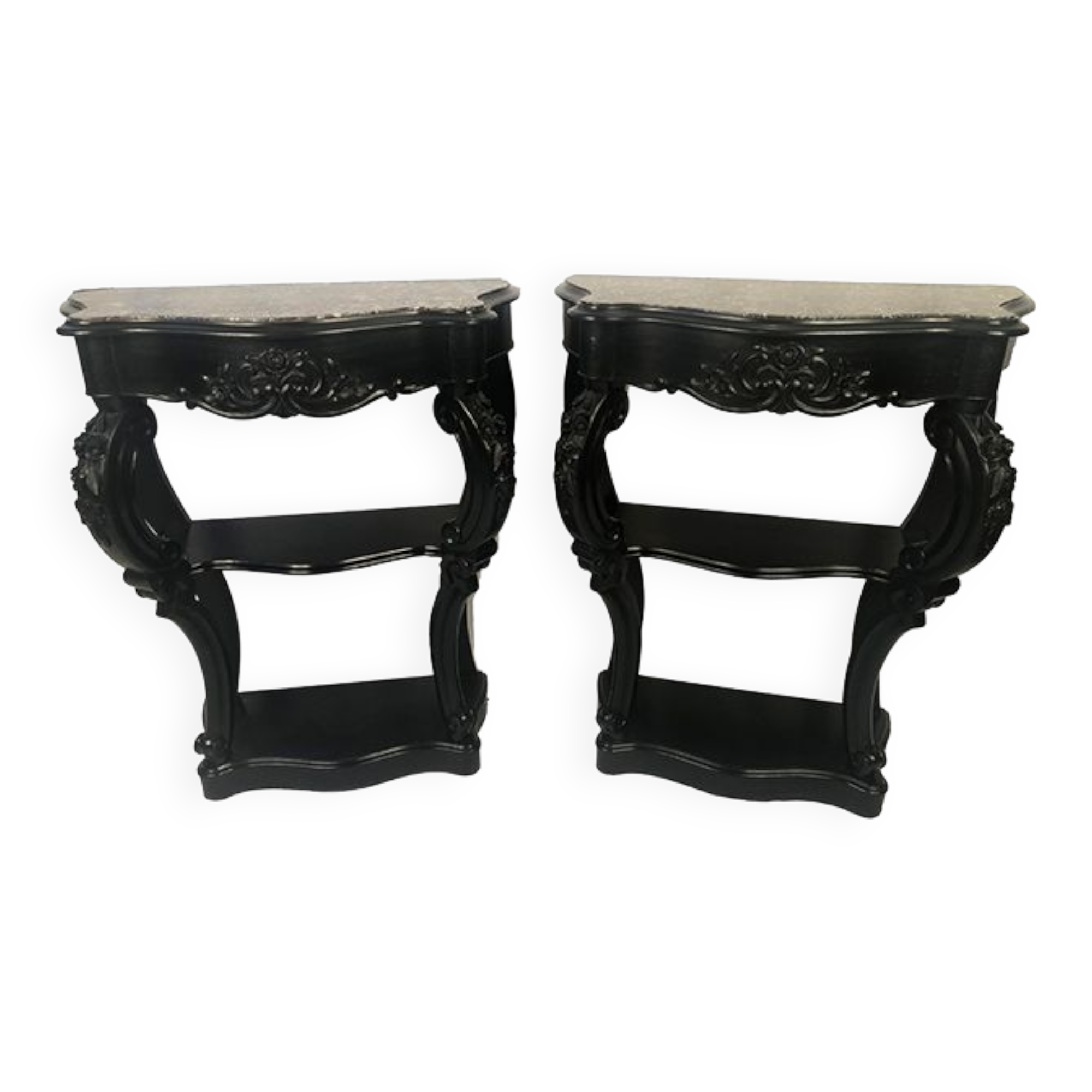 Pair of blackened wooden consoles, marble top