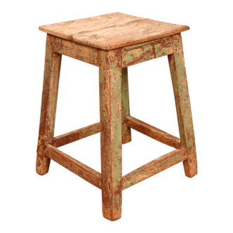 Old workshop stool in original Burmese green-ecru teak patina