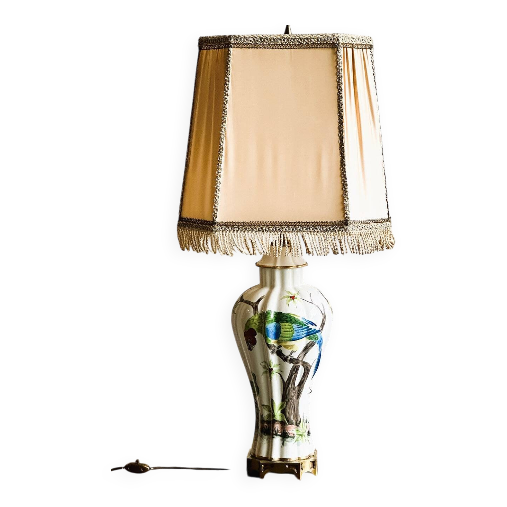 Porcelaine de Paris with exotic birds porcelain table lamp, 1950s.